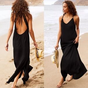 Anthropologie Shoreline V-Neck Open Back Maxi Dress in Black Rayon Size Small